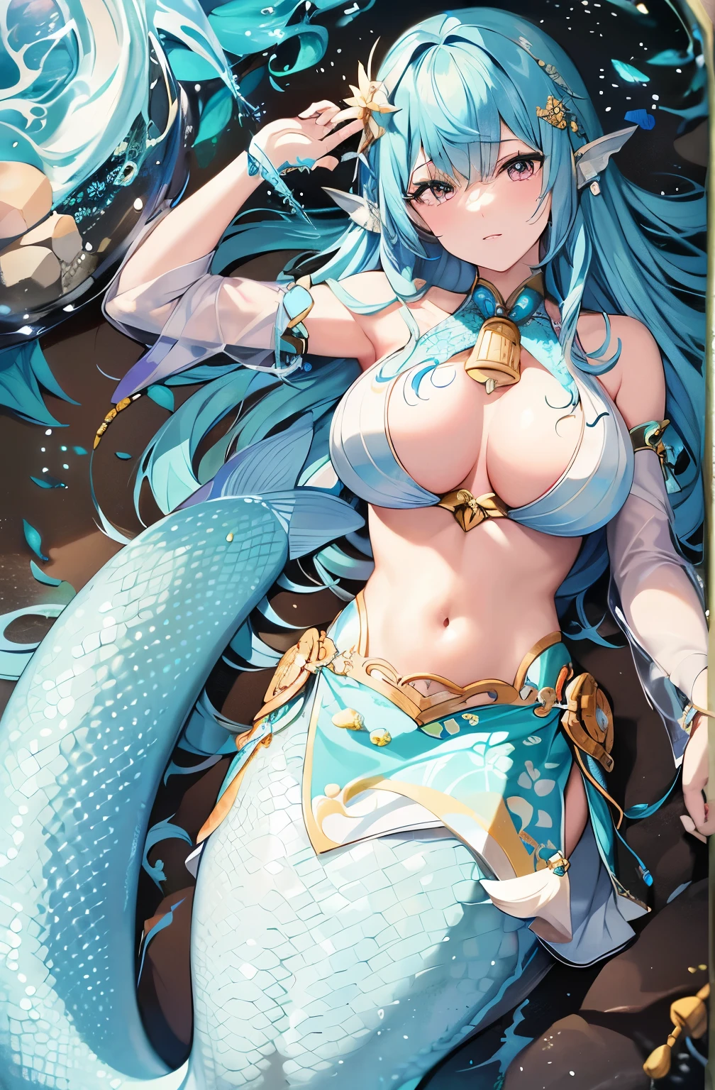 Close up of mermaid with blue hair and blue tail, blue scales covering her breasts, Extremely detailed Artgerm, scales covering her breasts, detailed Japanese cartoons artwork, 8k high quality detailed art, Japanese cartoons goddess, Exquisite details. Japanese cartoons. tentacle, scales on her chest, mermaid body, detailed Japanese cartoons art, beautiful alluring Japanese cartoons woman, sea goddess