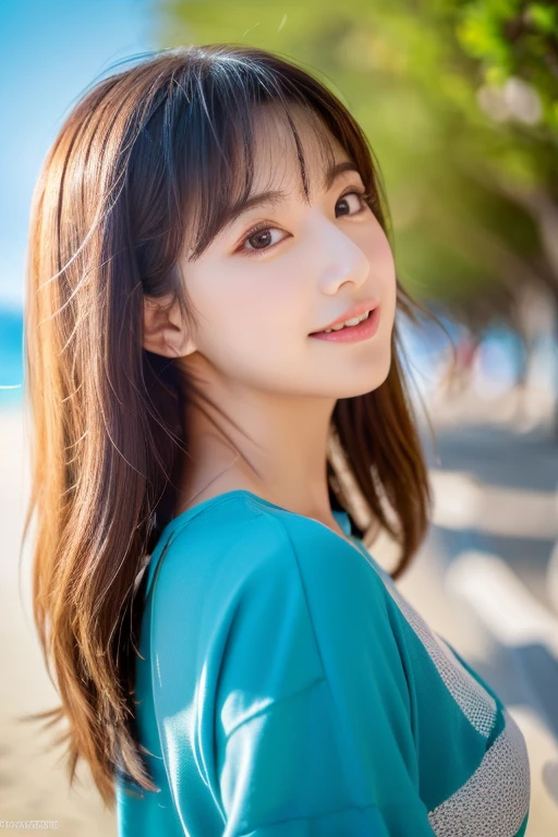 8k、RAW photo、highest quality、masterpiece、High detail RAW color photography、professional photos、(real、realistic:1.37)、(high detail skin:1.2)、High resolution、beautiful detailed eyes、(hard focus:1.4)、(sharp focus:1.4)、one girl(Bold and energetic colors:1.3)Upper body、Barely、(solo:1.3)、sunny beach、playful look、Bokeh、Lens flare、(vignette:0.8)、cinematic lighting、professional lighting、Physically based rendering、ulzzang-6500-v1.1、pureerosface_v1