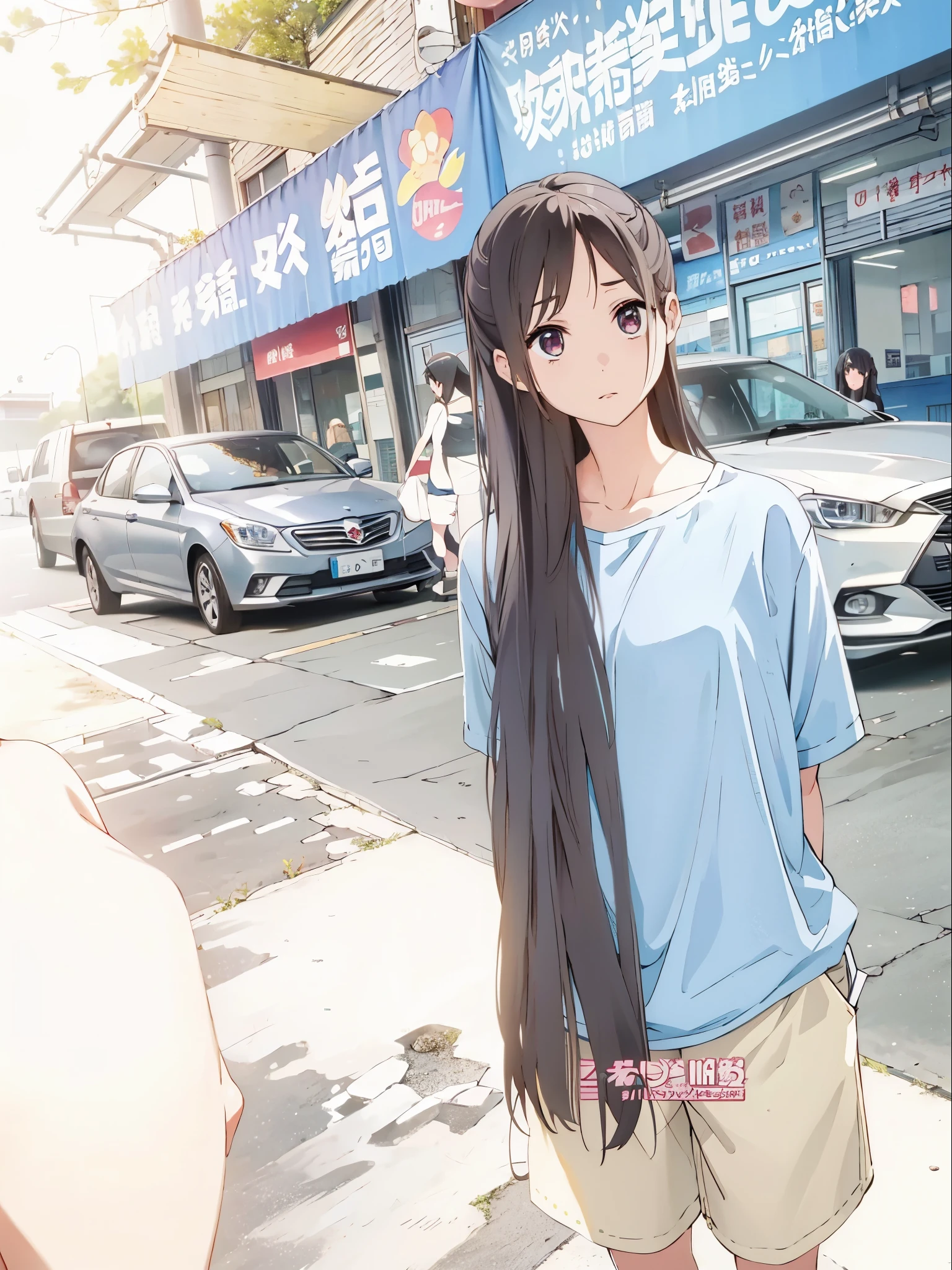 高中生long hair ,stand，blue short sleeves，rice shorts，extra long hair的女孩, Hair is particularly long, long hair女孩, long hair, extra long hair, 及腰long hair, asian girl long hair, This woman has long black hair, long hair, long, straight hair, her hair is long and straight, very long hair, Long straight hair，Poker face，outdoor，Facing the audience，Put your hands behind your back