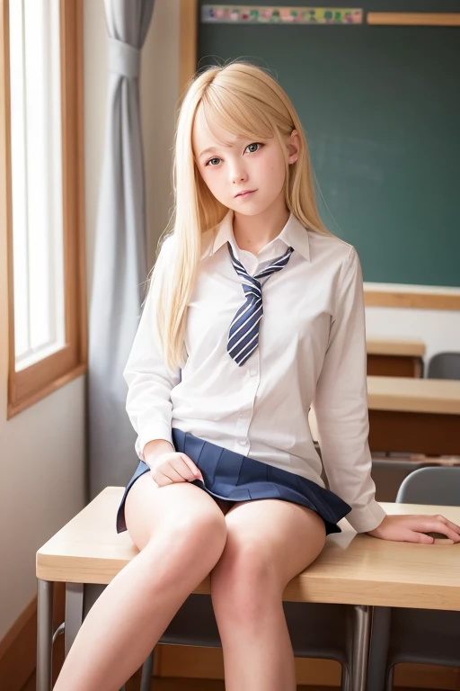 a very cute blonde  girl, naked, school uniform, sitting, knees to chest, looking at viewer, raw photo