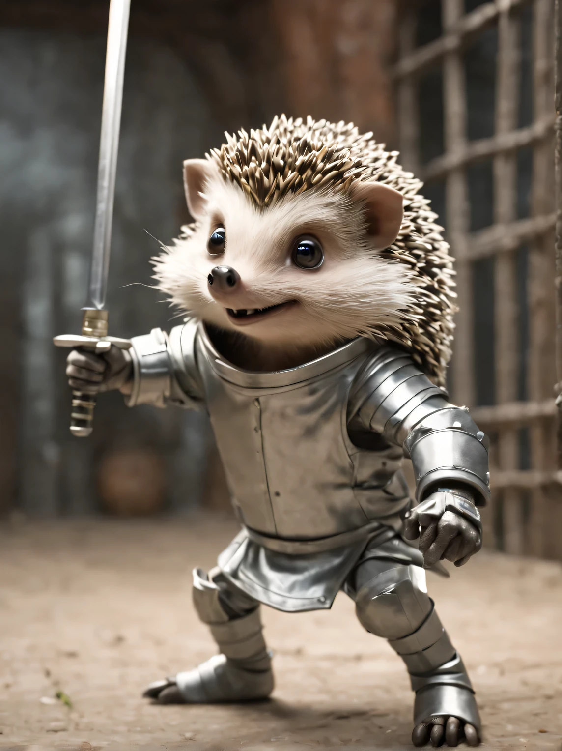 Top corner of dynamic television frame, humanoid (anthropomorphic) hedgehog swordsman, humanoidный еж в фехтовальном зале, humanoidный еж в стойке фехтовальщика, photorealistic, High quality, high detail, сосредоточьтесь на лице humanoidного ежа, focus in the center of the frame, blurred background