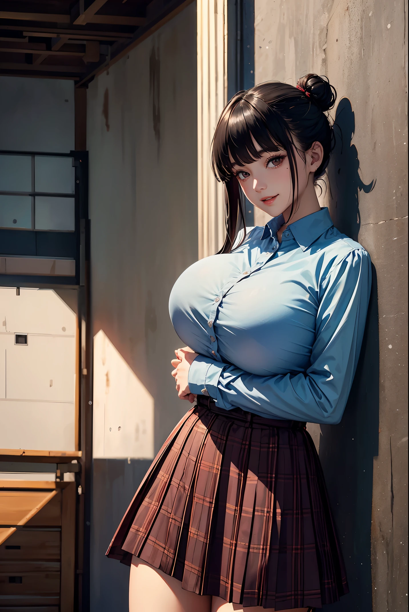 (masterpiece:1.4)、(highest quality:1.4)、ultra high resolution、beautiful features、20 year old woman、Black hair bun hair、blunt bangs、brown eyes、gray long sleeve collared shirt、Plaid skirt、(huge breasts:1.2)、red face、smile、Stand against the wall、Arms behind the body、bust up shot