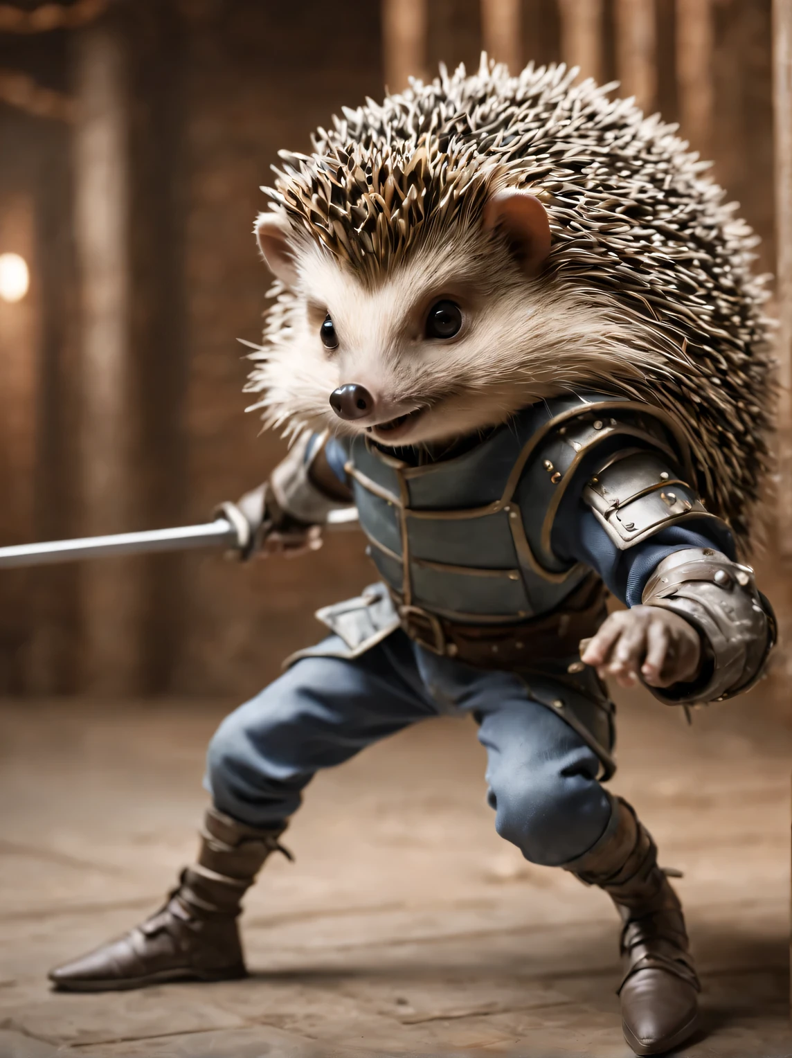 Top corner of dynamic television frame, humanoid (anthropomorphic) hedgehog swordsman, humanoidный еж в фехтовальном зале, humanoidный еж в стойке фехтовальщика, photorealistic, High quality, high detail, сосредоточьтесь на лице humanoidного ежа, focus in the center of the frame, blurred background