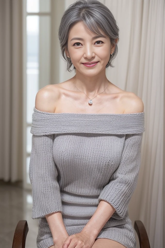 japanese mature, (alone), 60 years old, (wrinkles around the eyes:1.45), big breasts, mature woman, Glamour, Sexy, pure white skin, looking at the viewer、super big breasts、(((Gray hair)))、short hair、small diamond necklace、earrings、(((Knitted white off-shoulder dress)))、high heels、smile、Public place、cross your legs、sit on a chair、full body photo、