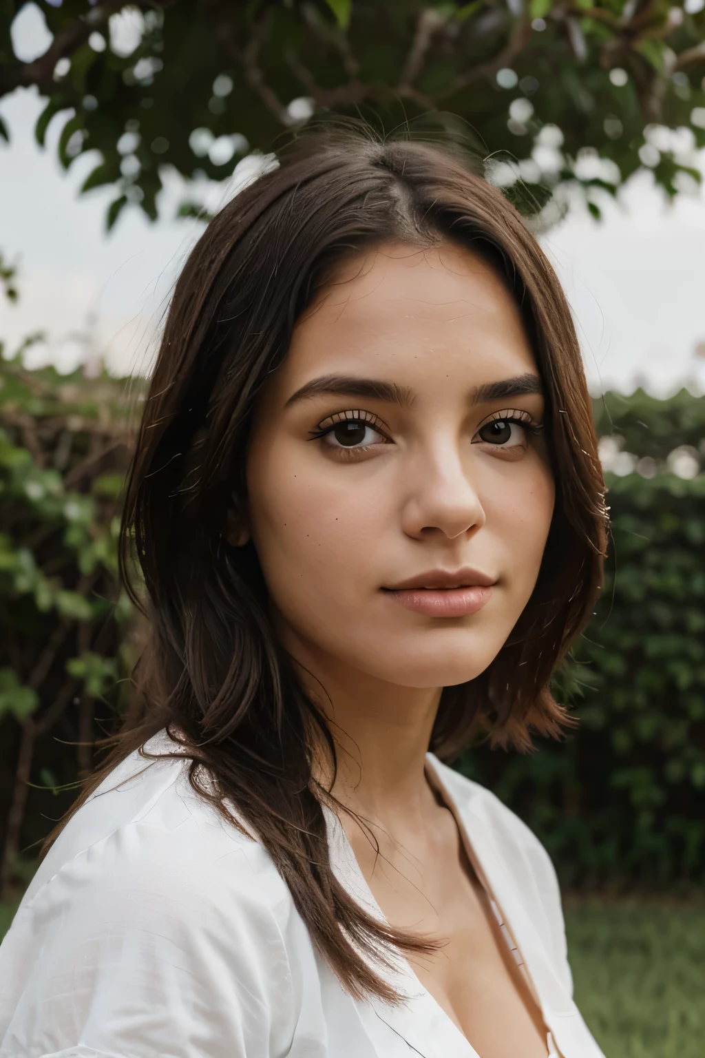 A close up of a woman with a white shirt and a green tree - SeaArt AI