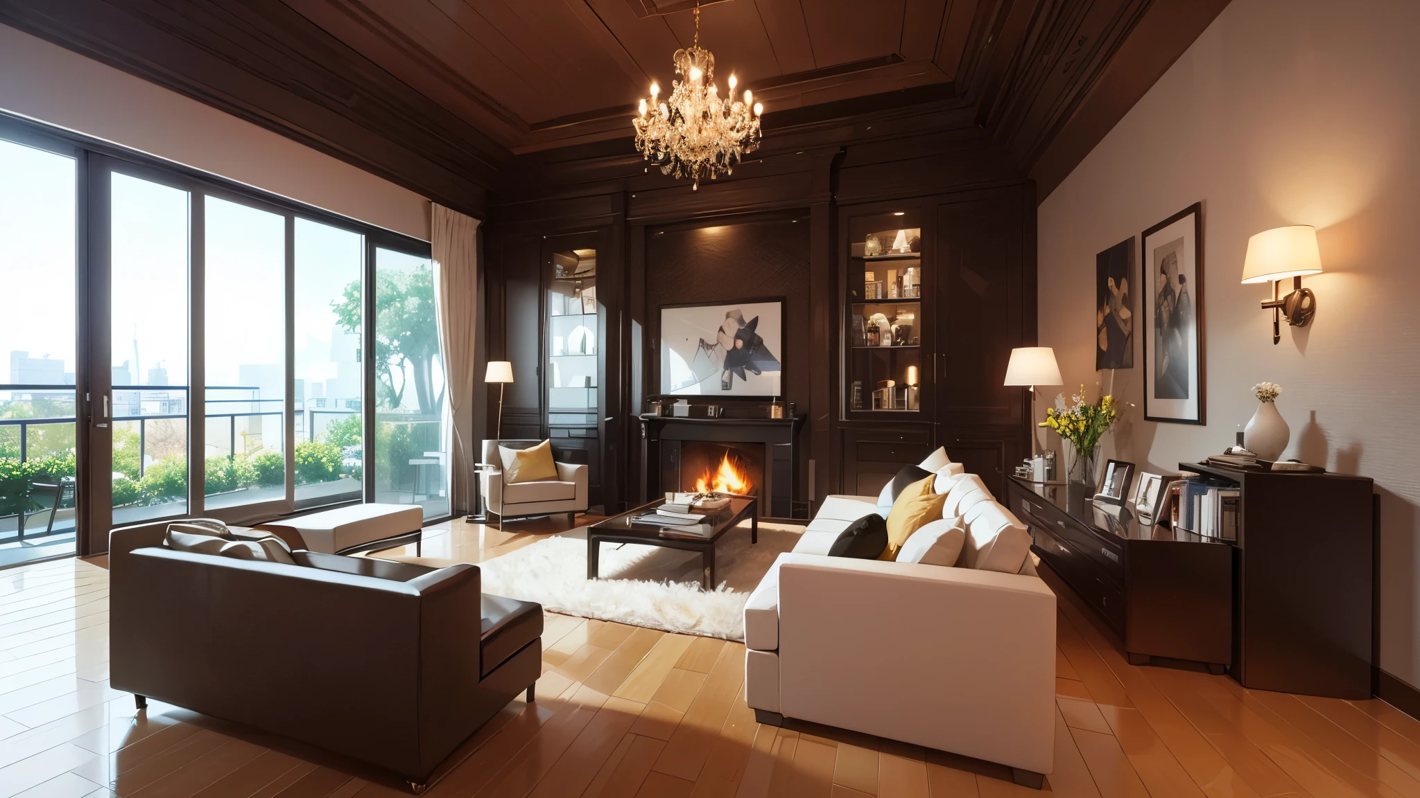 You are a famous interior designer、You have been asked to create a 3D image of a modern large room. Create a harmonious environment with modern and minimalist furniture. Including garden interior.