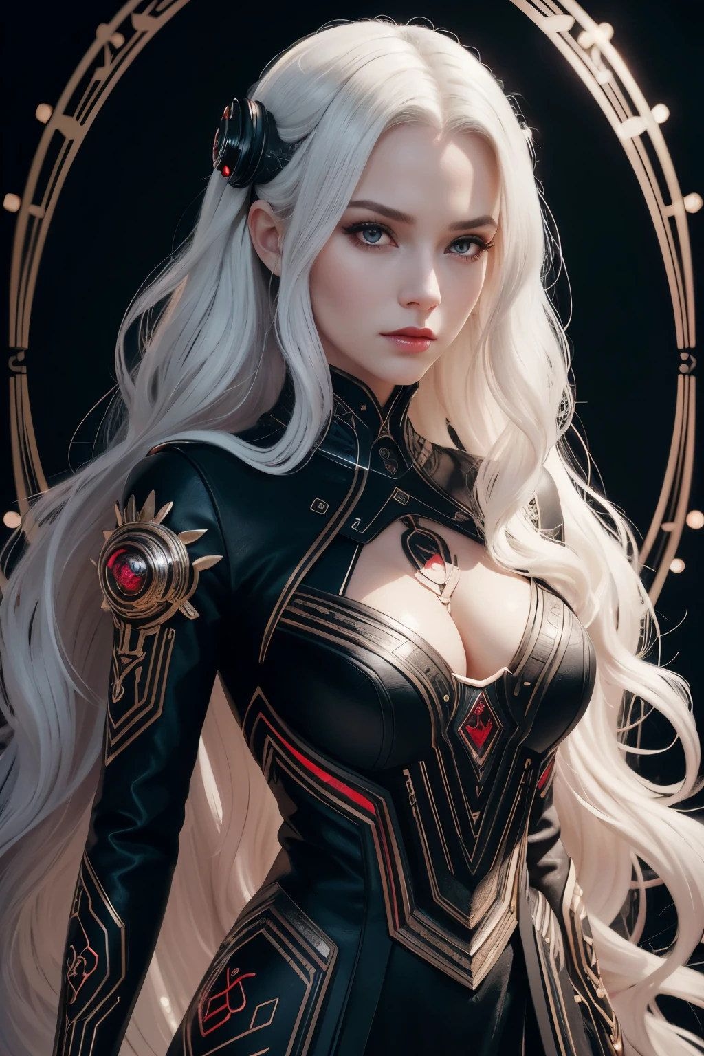 Portrait of a beautiful girl with wavy white hair, wearing a formal black dress with metal parts, red eyes, monograms in the background, digital painting, dark colors, 8k, complex details, vintage, retro futuristic style, sharp focus on the center, pastel colors, art station, (sci-fi, future, future theme), (facial expression looking with disdain), (detailed illustration)