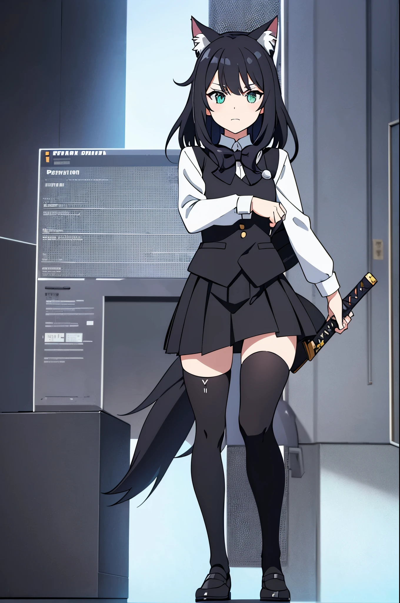 1 woman, :3 face, black and white multi colored hair, short black-white hair, cat ears, cat tail, rpg video game styled princess vest, box pleat skirt, black school thigh-highs, loafers, pushing back hair, holding katana, rpg background, full body portrait, from below.