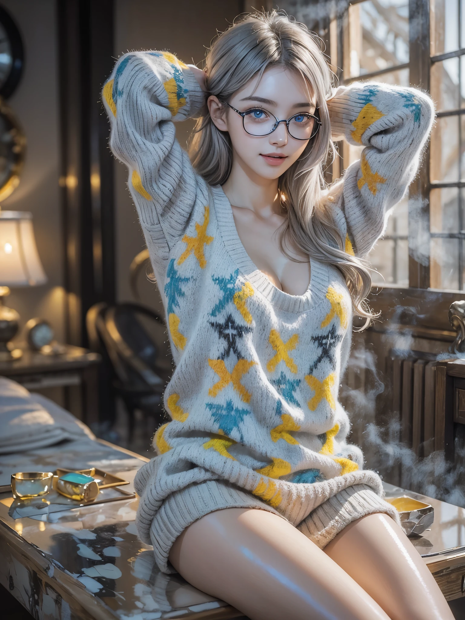 (anime art), (concept art), (gorgeous, elegant, luxury:1.4), (beautiful still life painting art:1.4), ultra detailed, beautiful, masterpiece, best quality,
_
BREAK (1girl:1.2), 22 years old, 160 cm, Japanese cute model, Tightened all body, large Breasts, cleavage, small head, small face, diamond Face, small nose, Sharp Faceline, Detailed face, Detailed eyes, young hands and fingers, beautiful hands and fingers, five fingers,
_
BREAK (happy, smile, Glossy Lips:1.3), (Light color lips, Half open mouth, beautiful Teeth:1.2), (dropy eyes, Double eyelid, light color eyes, Shiny eyes:1.5), Shiny skin,
_
BREAK (arranged hairstyle:1.4), (gray hair:1.2), shiny hair, Detailed hair,
_
BREAK (White theme:1.3), (Grafty art:1.3),(blurry background, mist, fog:1.7),
_
BREAK (cowboy shot:1.4),
(Confident sitting pose:1.3), (arms behind head:1.2),
BREAK (strange colorful theme:1.7), (colorful ugly full pattern sweater:1.4), (Big glasses:1.3),