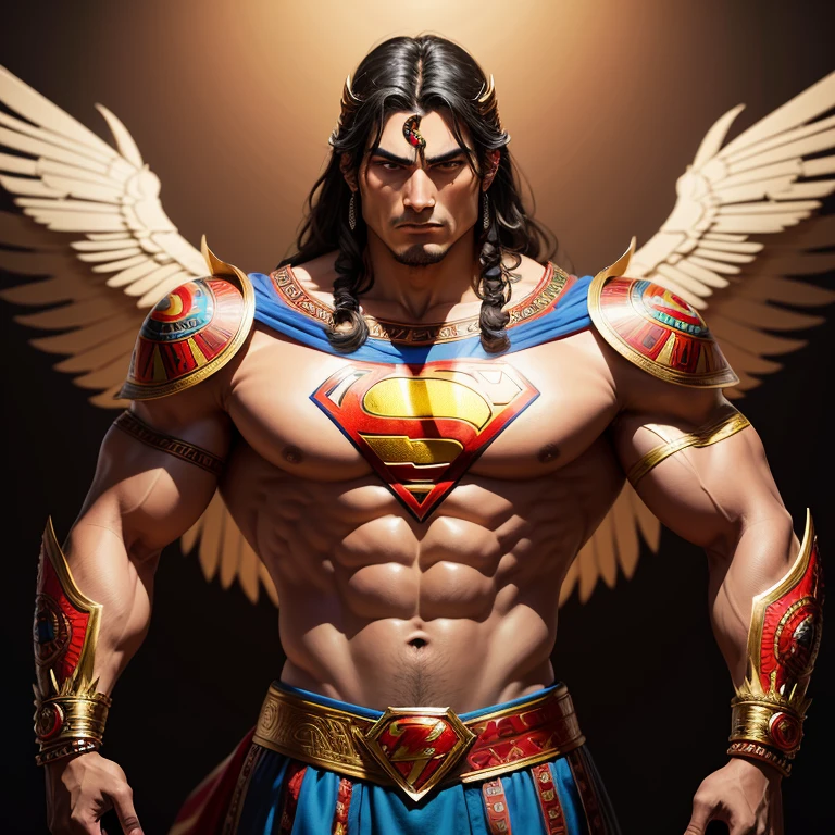 masterpiece, top quality, best quality, official art, beautiful and aesthetic:1.2, Aztec Native Superman, intricately designed, vibrant colors, intricate details representing Aztec culture, superhero pose, superman logo on chest, feather headdress, stern face, strong muscular body, Aztec motifs and patterns adorning his suit, powerful aura, elaborate decorative elements, mesmerizing, truly a fusion of ancient and modern, elaborate, ultra detailed, highly detailed, exquisite craftsmanship, official art, Aztec art style combined with superhero elements, exceptional, meticulously created.