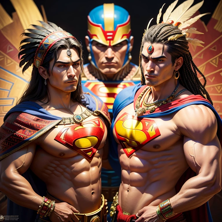 masterpiece, top quality, best quality, official art, beautiful and aesthetic:1.2, Aztec Native Superman, intricately designed, vibrant colors, intricate details representing Aztec culture, superhero pose, superman logo on chest, feather headdress, stern face, strong muscular body, Aztec motifs and patterns adorning his suit, powerful aura, elaborate decorative elements, mesmerizing, truly a fusion of ancient and modern, elaborate, ultra detailed, highly detailed, exquisite craftsmanship, official art, Aztec art style combined with superhero elements, exceptional, meticulously created.