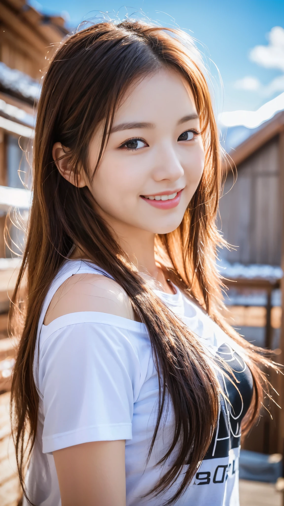 ((top quality, 4k, masterpiece :1.3)), (beautiful body:1.2), very detailed face, detailed eyes, double eyelid, smiling face, long hair, She is one, (open shoulder t-shirt), (Korean ski resort:1.4), (Cute T-shirt:1.4)