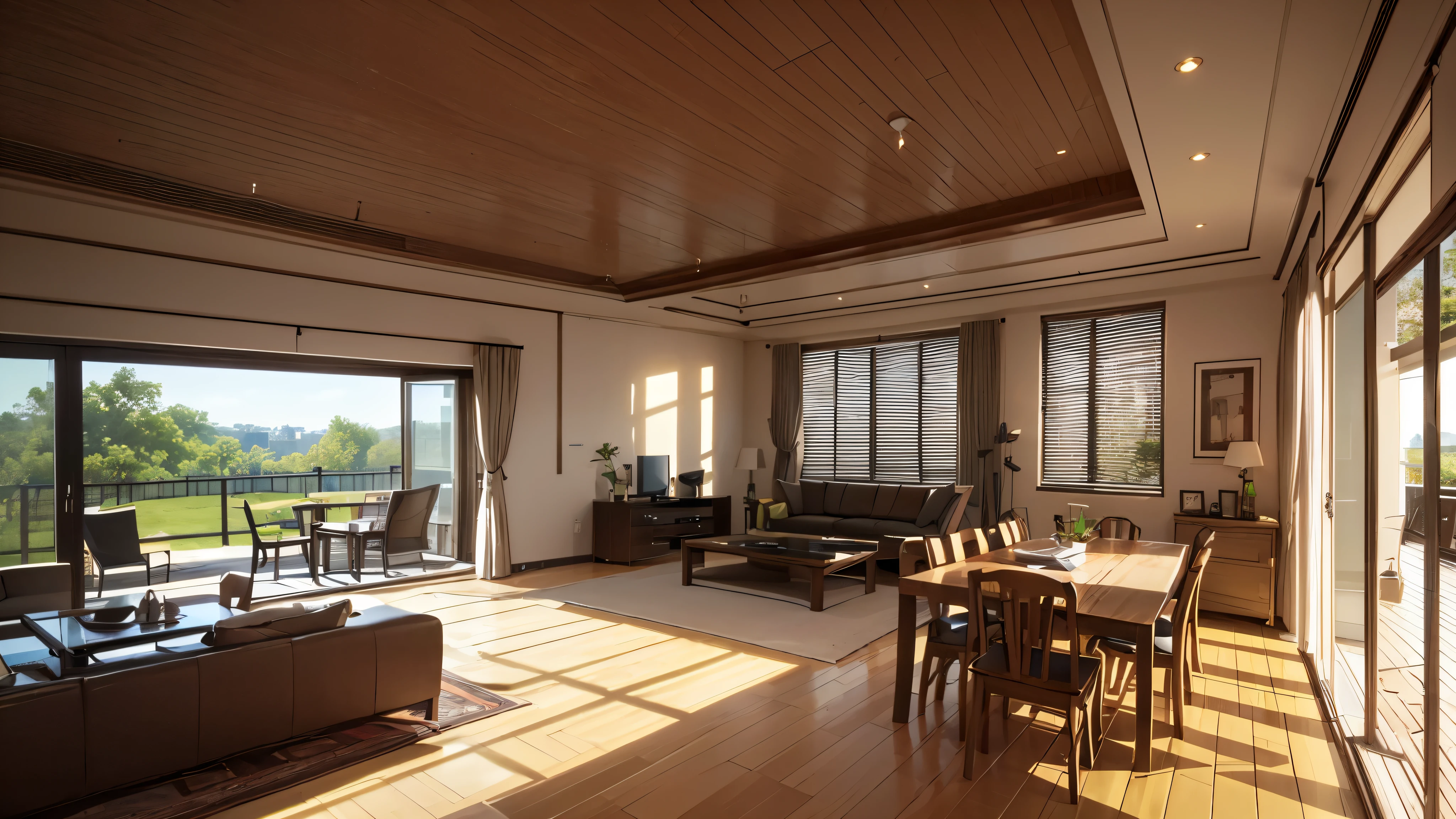 You are a famous interior designer、You have been asked to create a 3D image of a modern large room. Create a harmonious environment with modern and minimalist furniture. Including garden interior.