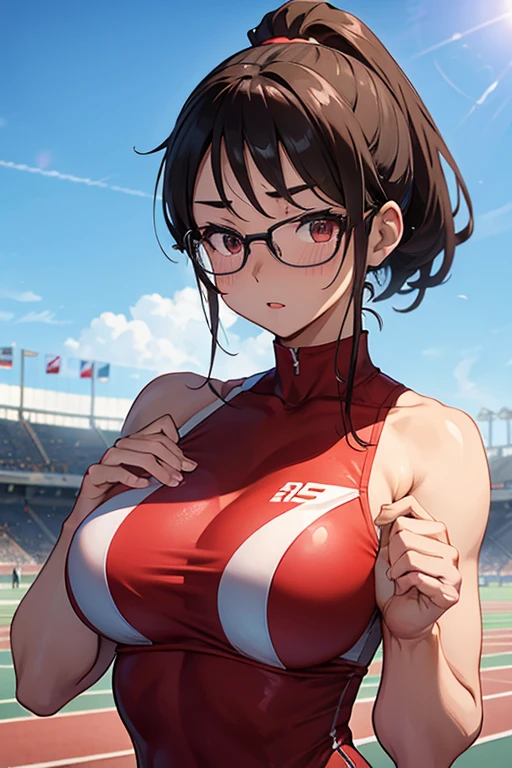 track and field athlete、short-range、arena、athlete、Beauty、Glasses、Upper body、meaty、Glamour、breast enhancement、chest emphasis