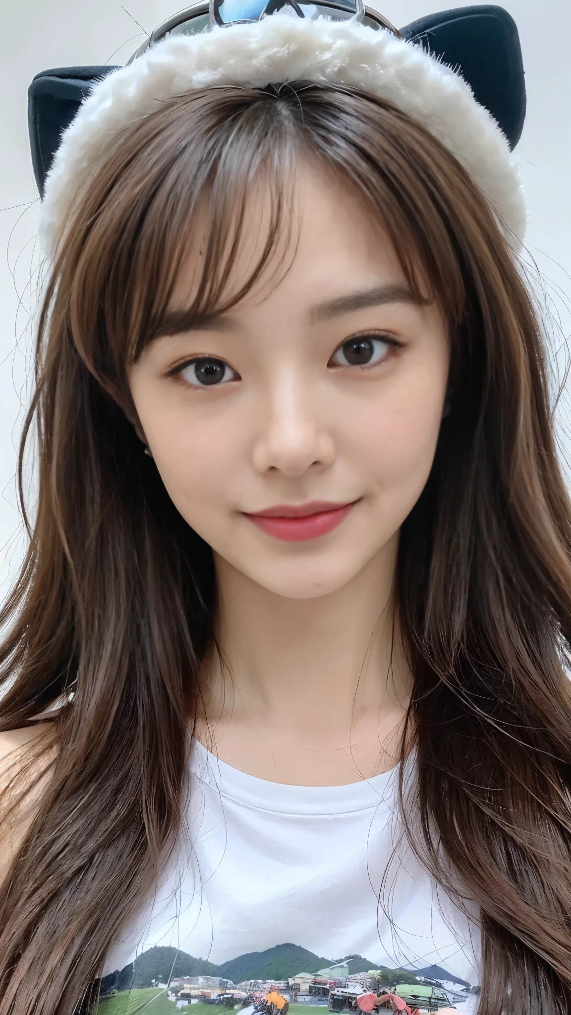 ((top quality, 4k, masterpiece :1.3)), (beautiful body:1.4), very detailed face, detailed eyes, double eyelid, smiling face, long hair, She is one, (open shoulder t-shirt), (Korean ski resort:1.4), (Cute T-shirt:1.4)