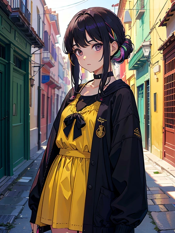 Full body portrait of Freya JKT48 with black hair, black eyes, and distinctive lips depicted in an extremely detailed CG style. The portrait showcases a breathtaking city view of a vibrant and colorful night scene accentuated by bright city lights, perfectly capturing the iconic anime style and vibe.