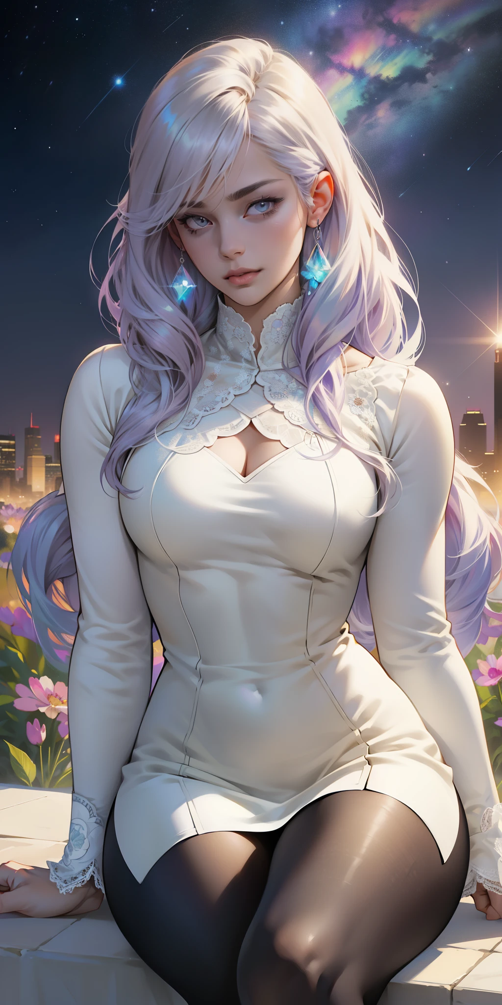 A glorious sunrise,stars, heart, Spectrum Rainbow, Background, in chic lavender white mint hair, pastel, mixed-language_SMS, (beautiful and clear background:1.2),, fantastic paintings , High detail eye lace, Long pigtails, braid, cosmos, galaxy, Long Hair, cool hairstyle, Plant flora, Loving, Love, ultra detailed hair, Best Quality, hig quality, high-resolution, detail enhancement, ((most beautiful image in the world)), Masterpiece, Best Quality, High Quality Detail Enhancement, ((most beautiful image ), Shiny hair, ultra chic dress print, Stampa Flores, tights in a mesh,, art by stjepan sejic, art by j scott campbell, art by guillem march, art by citemer liu, 4k, high-resolution, comic book character, comic, high quality detailed, style of ::2.0 comix illustration style,tatoon style, hig quality, high-resolution, detail enhancement, 8K, HD, Best Quality, hig quality, high-resolution, detail enhancement, 8K, HDR, Sharp focus, Ultra Detailed, Perfect lighting, Curvy Body, Lush breasts, Curvy hips, Sits