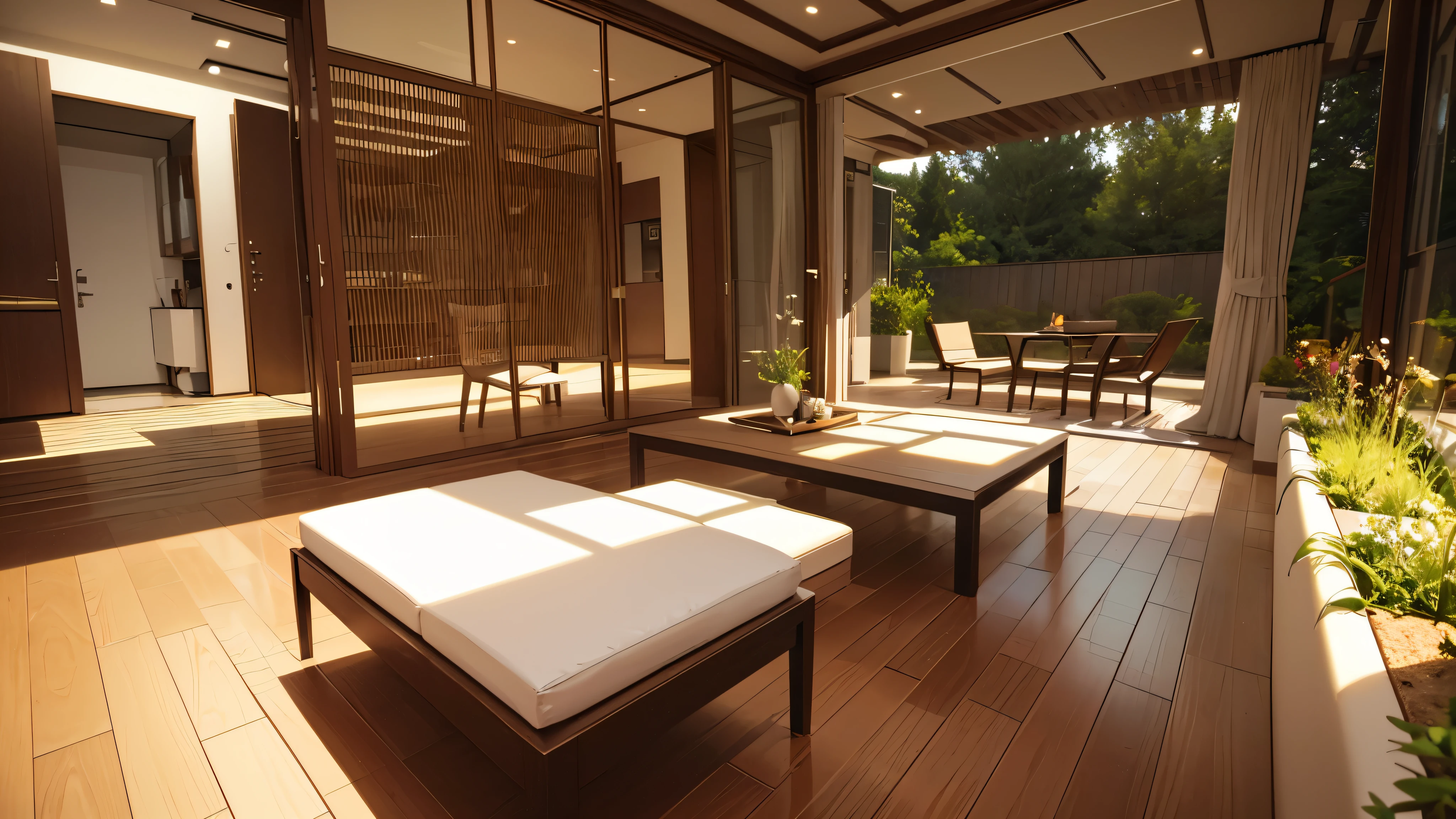 You are a famous interior designer、You have been asked to create a 3D image of a modern large room. Create a harmonious environment with modern and minimalist furniture. Including garden interior.
