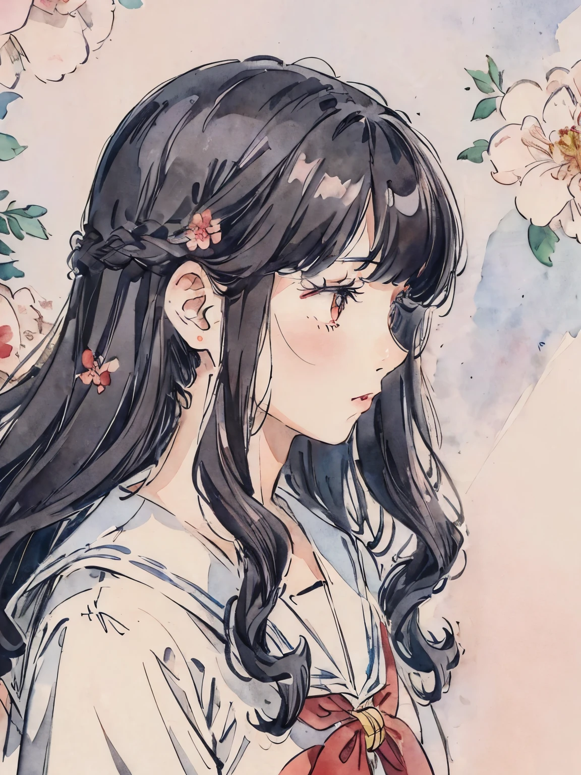 sailor suit、curl hair、long black hair、sailor suit、profile、Lady、flower garden、icon、soft lighting、close up of face、photo studio、hair blowing in the wind、petal、curly hair、watercolor style、Lots of flowers in the background、profile、Red camellia flowers all over the background、
