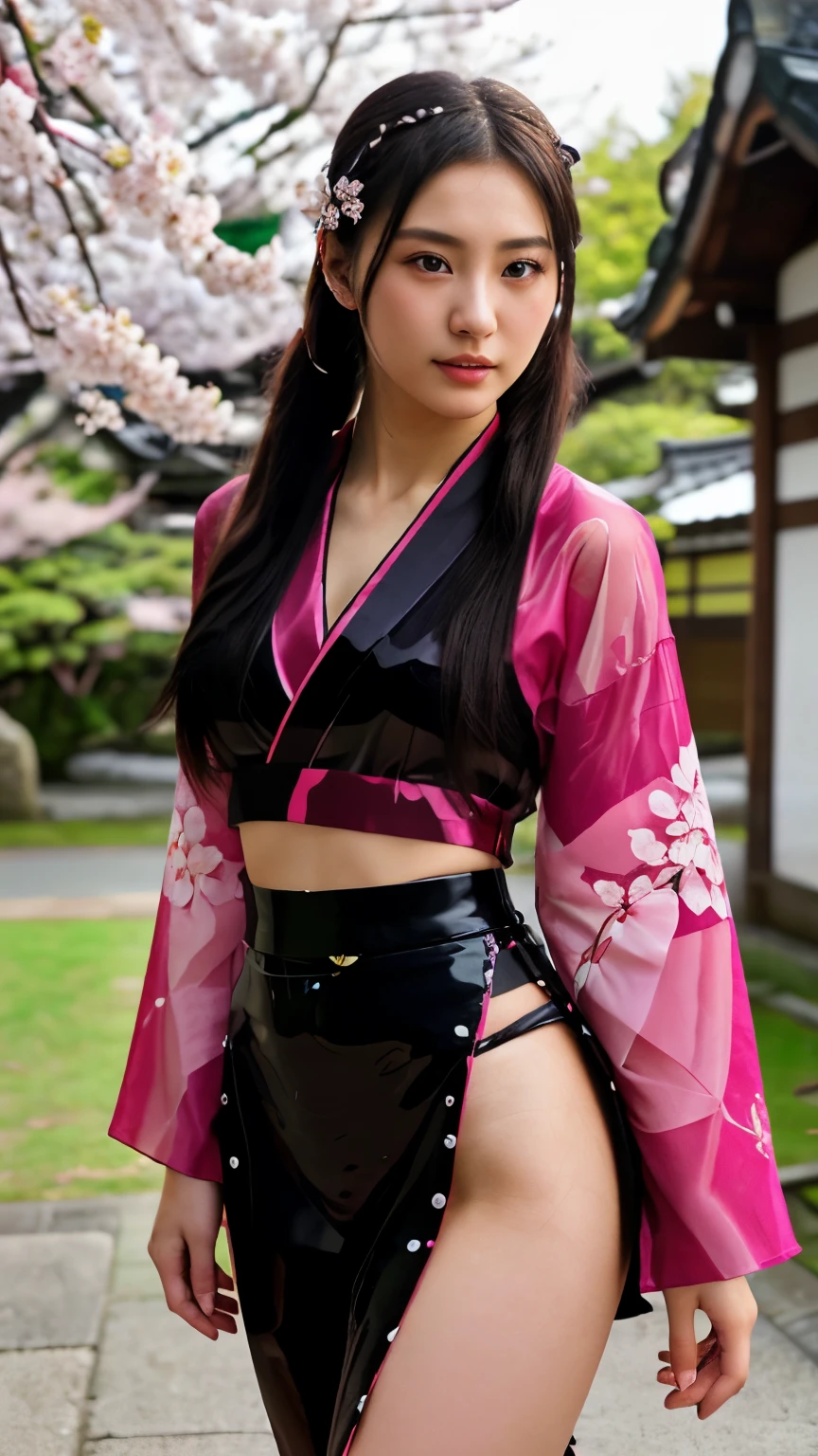 最high quality、high quality、best image quality、8K、最High resolution、High resolution、最high quality、masterpiece、realistic pictures、RAW photo、realistic atmosphere、(detailed face)、(fine hands、thumb１reference４)、(beauty of japan )、very nice face、cute face、((beautiful japanese girl))、(woman), ((18 year old beautiful girl))、(glossy black hair)、(straight long hair)、(ponytail)、whole body、slim style、(shiny skin)、(Fair skin, Glossy skin)、real human skin、realistic human body structure、perfect body， perfect face， perfect hands， perfect fingers， perfect lips， perfect eyes，perfect teeth、perfect background， perfect atmosphere，soft natural light、samurai kimono、maiko kimono、servant、geisha kimono、japanese kimono、Furisode、kimono、Yukata、japanese traditional、Samurai Residence、Japanese garden、((colorful transparent vinyl(クロストップkimono、Cross top hakama with side slits))、((Under the cherry blossom tree in full bloom(Poses that make your thighs look sexy))