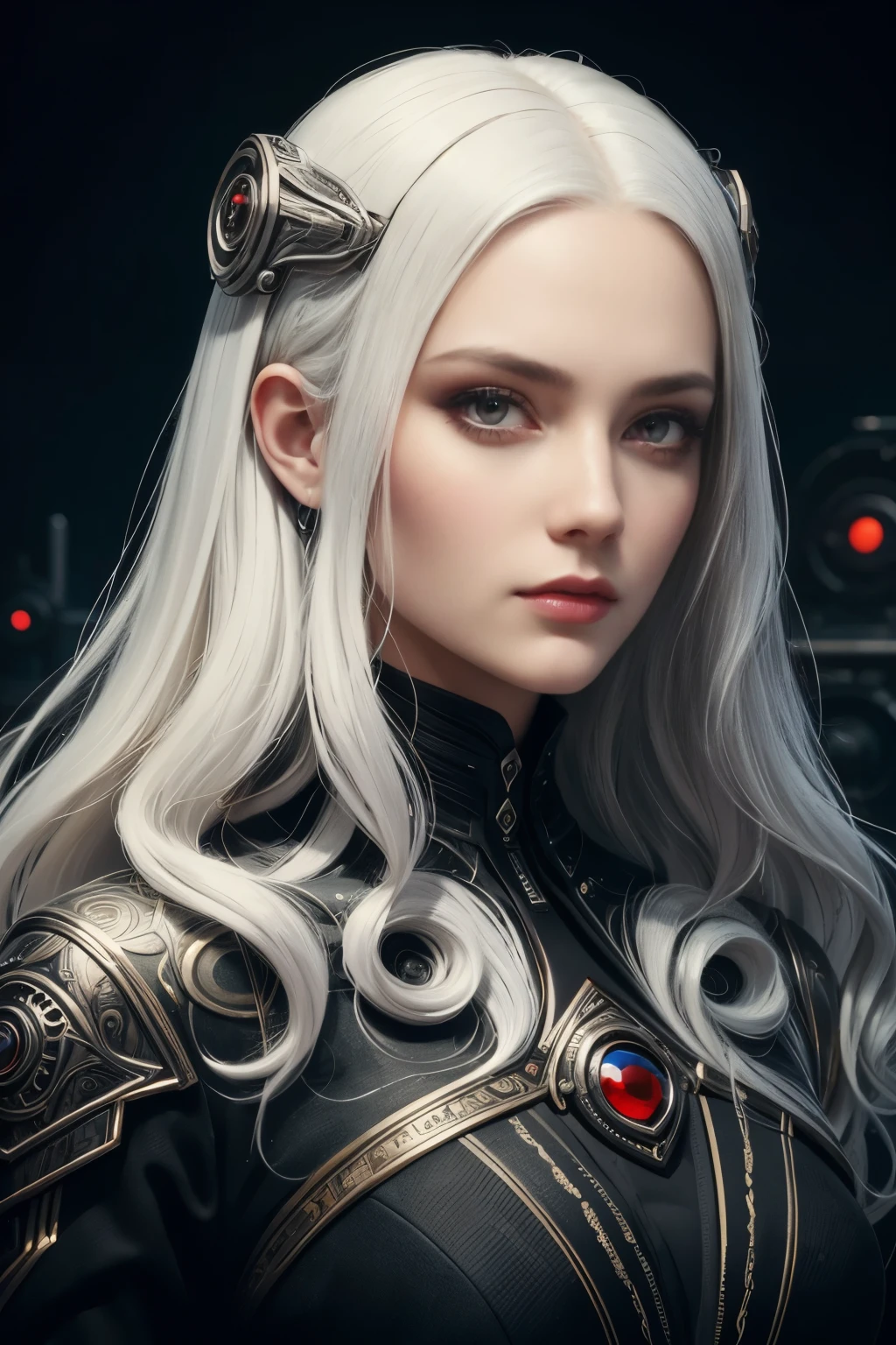 Portrait of a beautiful girl with wavy white hair, wearing a formal black dress with metal parts, red eyes, monograms in the background, digital painting, dark colors, 8k, complex details, vintage, retro futuristic style, sharp focus on the center, pastel colors, art station, (sci-fi, future, future theme), (facial expression looking with disdain), (detailed illustration)