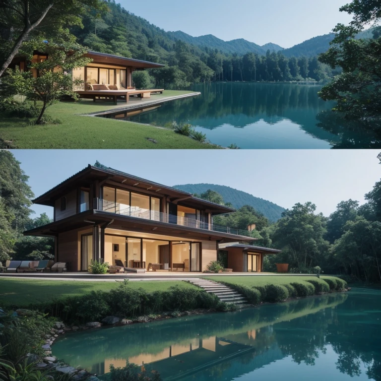 A dream villa that is located in a dense forest and by the lake, should be designed in such a way that looking at this villa gives us a feeling of peace.