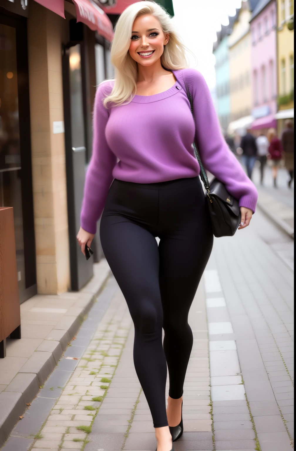 Meisterwerk, best quality, pretty Woman, drooping breasts, Strickpullover, Businesshose, welliges Haar, haar auf der Seite, on foot through the city center, Smile, Weitwinkelaufnahme, Full body shot, Full person view, Sommerzeit,