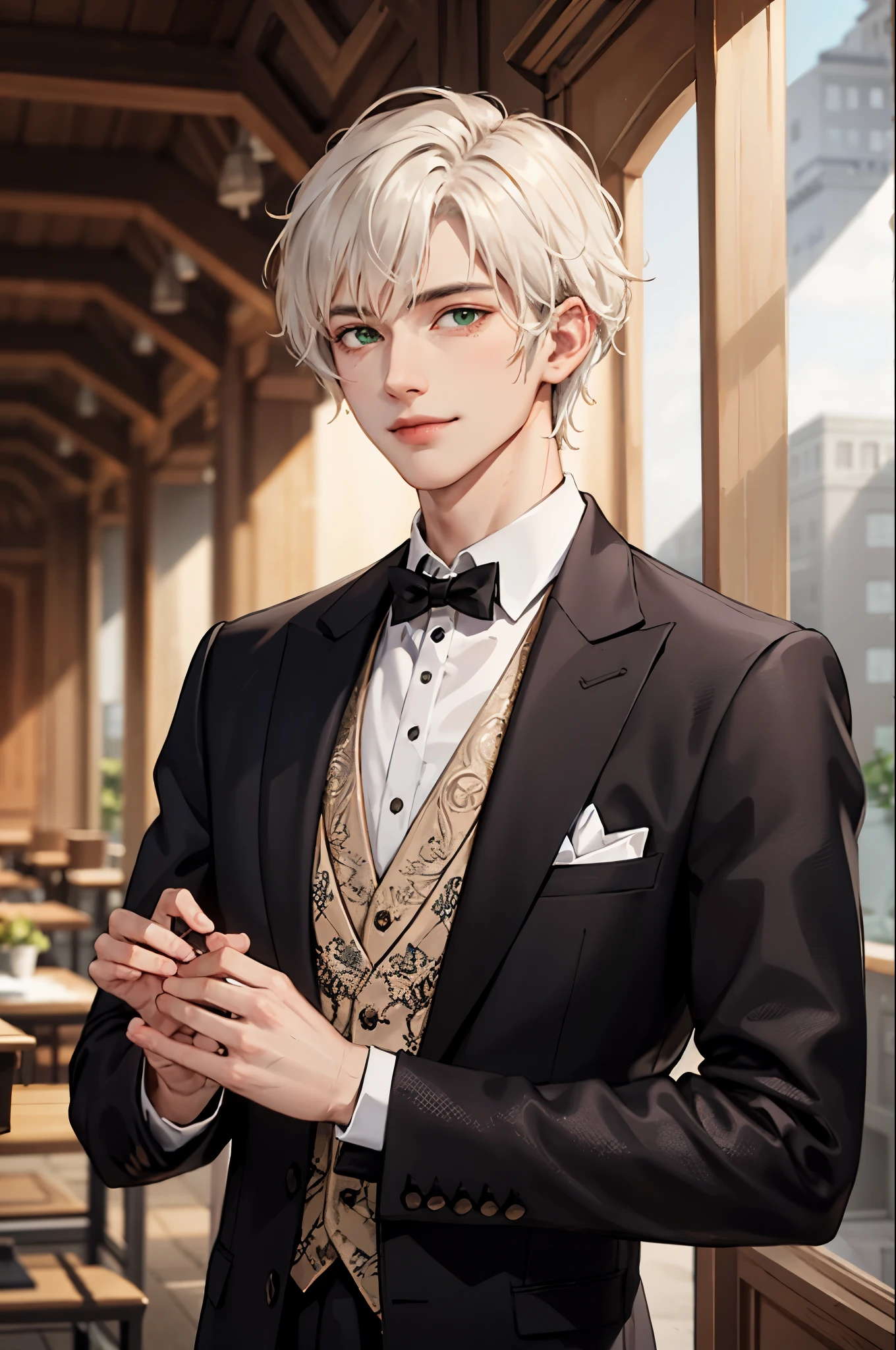 (masterpiece:1.2, highest quality), (real image, intricate details), 1 man, alone, Upper body, casual, short hair, natural fabric, close up of face, smile, rich, mansion, fancy settings, Handsome guy, perfect body, no body hair, no facial hair, short light platinum blonde hair, bangs, wispy bangs, bangs on forehead, green eyes, Fancy clothes, prince, show naked muscular chest, transparent Fancy clothes.