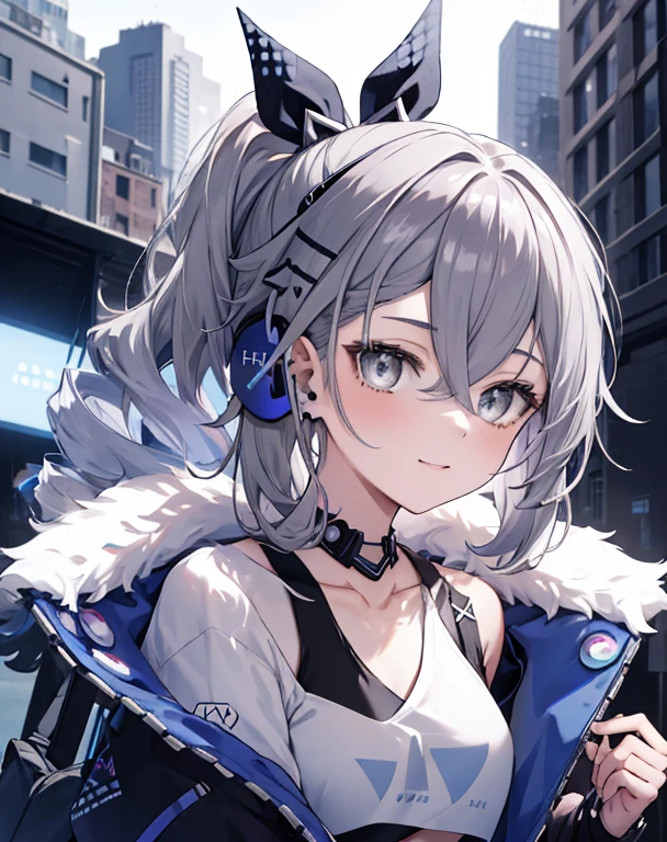 masterpiece,1girl, happy face, long messy grey hair, futuristic glowing headphone, solo, hoodie, off shoulder, street, black cool jacket