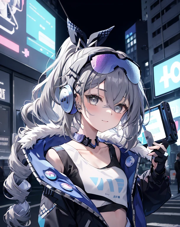masterpiece,1girl, happy face, long messy grey hair, futuristic glowing headphone, solo, hoodie, off shoulder, street, black cool jacket