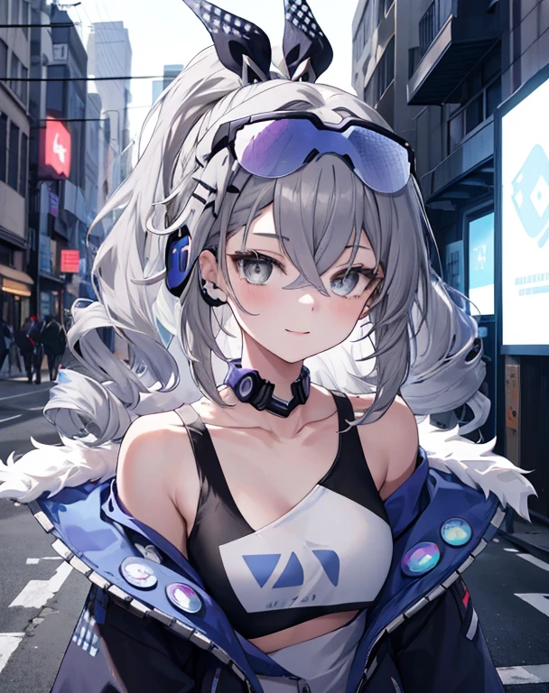 masterpiece,1girl, happy face, long messy grey hair, futuristic glowing headphone, solo, hoodie, off shoulder, street, black cool jacket