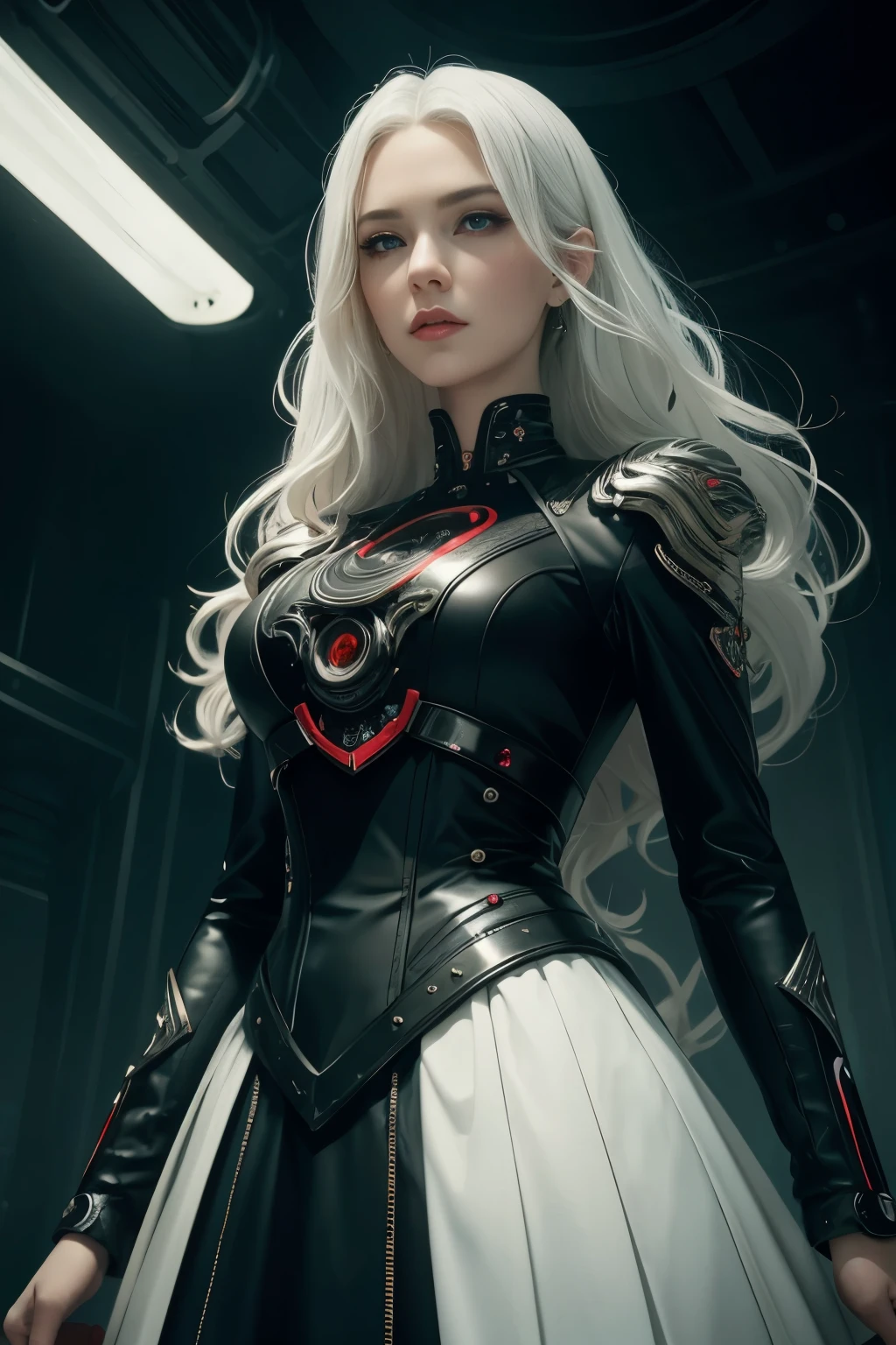 Portrait of a beautiful girl with wavy white hair, wearing a formal black dress with metal parts, red eyes, monograms in the background, digital painting, dark colors, 8k, complex details, vintage, retro futuristic style, sharp focus on the center, pastel colors, art station, (sci-fi, future, future theme), (facial expression looking with disdain), (detailed illustration)