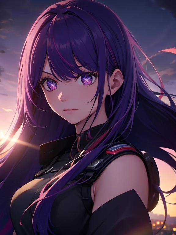 (buscando,lush purple hair,shimmering purple eyes,bright eyes,sniper rifle,long flowing hair in the wind,perfect composition,8k),(best quality,8k,highres,masterpiece:1.2),ultra-detailed,(realistic,photorealistic,photo-realistic:1.37),HDR,UHD,studio lighting,extreme detail description,professional,vivid colors,bokeh,portraits