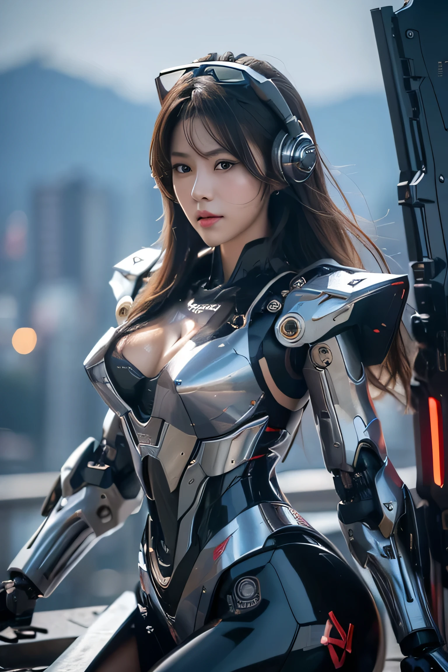 (masterpiece:1.2), Super detailed, ultra high resolution, (realistic, photo realistic:1.37), High-definition RAW color photos, professional photos, highly detailed face, very fine eyes, highly detailed skin, very fine fingers, highly detailed nose, highly detailed mouth, perfect anatomy, highly detailed background, (famous japanese actress:1.2), (Improve), (flat chest), brown race, black skin, (full_body:0.7), (Mecha clothes:1.3), robot girl, Wet day, lightning effect, Mecha, (flight deck:1.2), 
