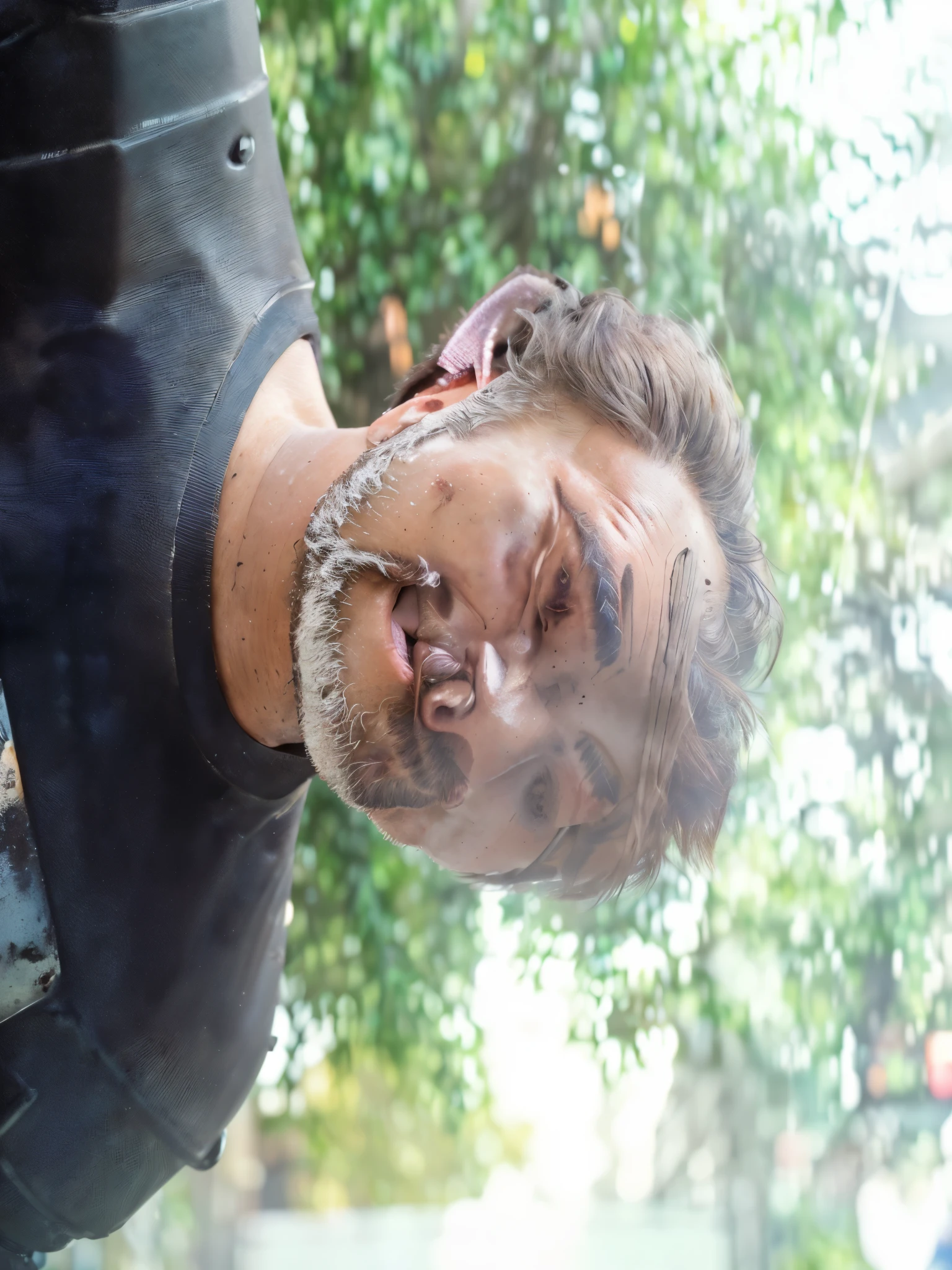 Portrait photo of muscular bearded guy in a worn mech suit, ((light bokeh)), intricate, (steel metal [rust]), elegant, sharp focus, photo by greg rutkowski, soft lighting, vibrant colors, (masterpiece), ((streets)), (detailed face)+, eye iris