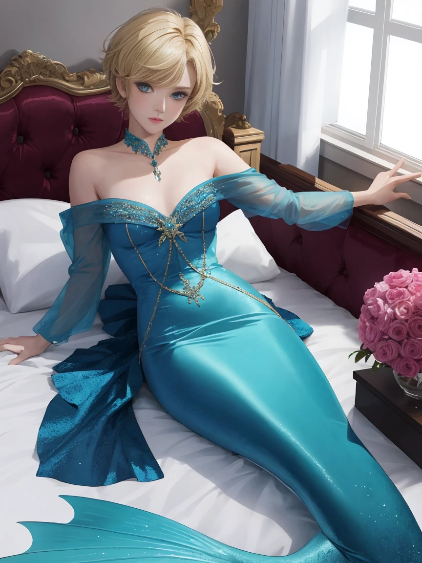 1girl, crossdressing, anime, beauty, small breasts, short hair, blonde hair, blue eyes, mermaid dress, velvet dress, off shoulder dress, lying on bed, bedroom, on bed, 