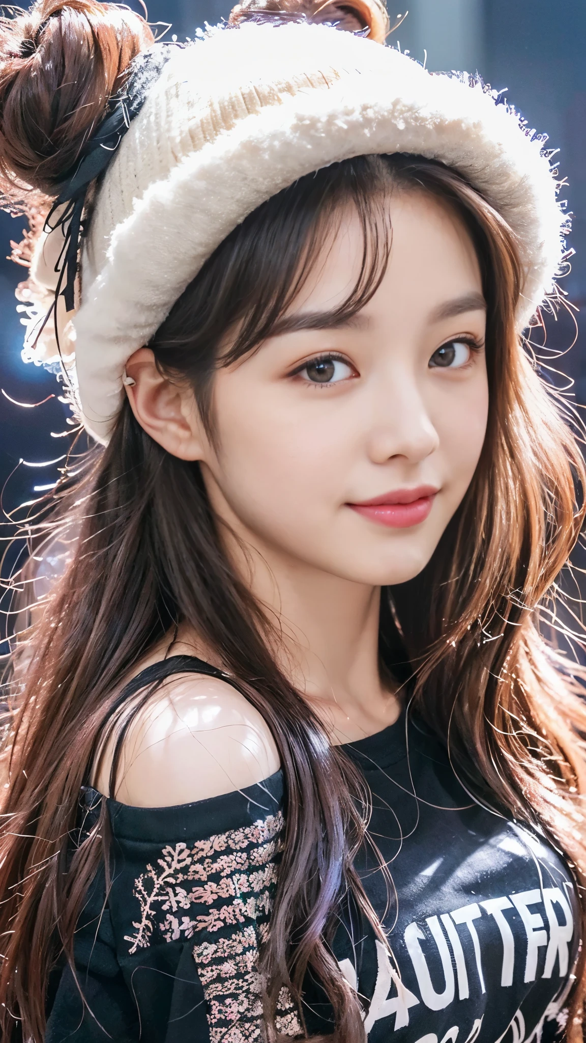 ((top quality, 4k, masterpiece :1.3)), (beautiful body:1.4), very detailed face, detailed eyes, double eyelid, smiling face, long hair, She is one, (open shoulder t-shirt), (winter attractions in korea:1.4), (Cute T-shirt:1.4)