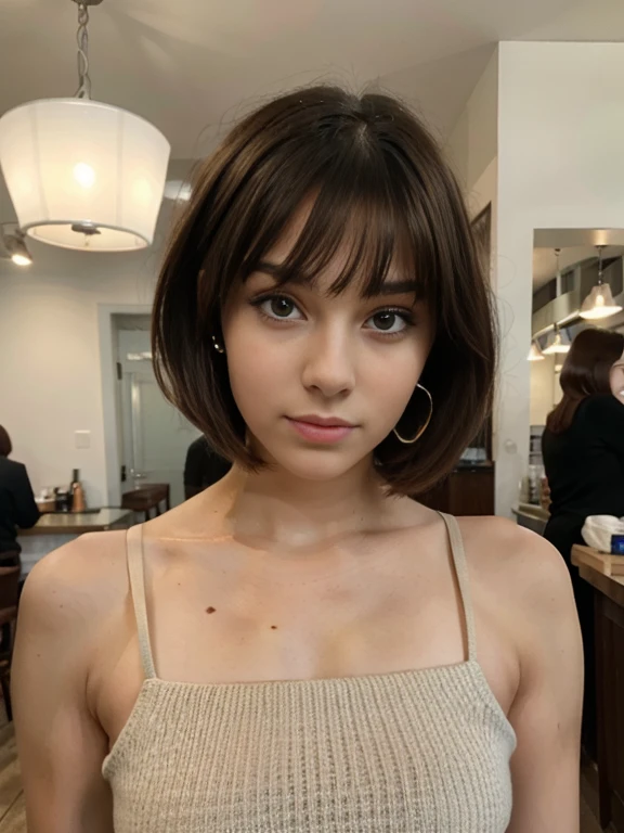 Photo of a 20 year old brunette woman, that has a very natural face, red the bob hair cut, thin lips, thin eyes, thin eyebrows, thin nose, earrings, long eyelashes. She makes a cute selfie in a cafe, the bob haircut