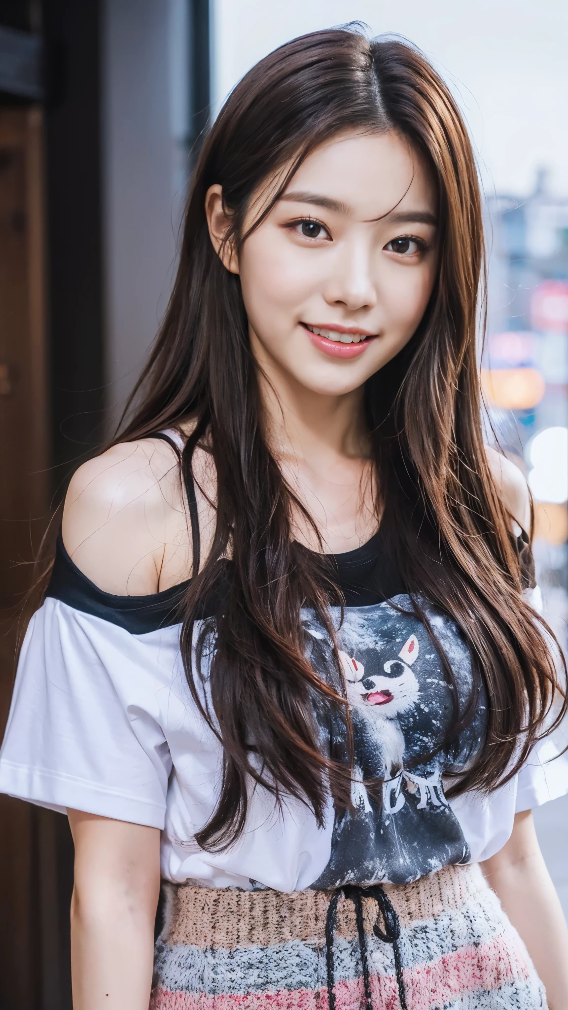 ((top quality, 4k, masterpiece :1.3)), (beautiful body:1.4), very detailed face, detailed eyes, double eyelid, smiling face, long hair, She is one, (open shoulder t-shirt), (winter attractions in korea:1.4), (Cute T-shirt:1.4)