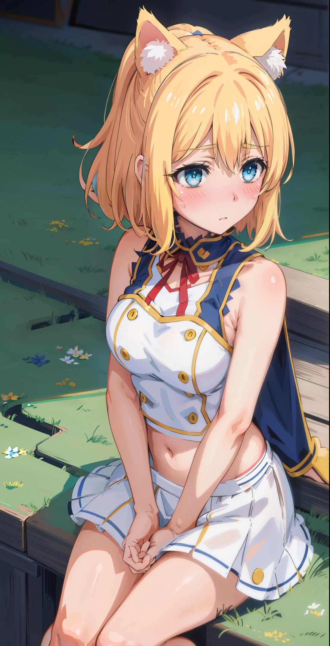 best quality, (masterpiece:1.2), detailed, medieval,
Rumia Tingel,
1girl, solo, ((blush)),
medium hair, blonde hair, short ponytail, blue eyes, green bow, x hair ornament,
((( blue eyes, ultra-detailed eyes))),
Dynamic pose, ((blush)), medium breasts, medium hair, background, perfect anatomy, healthy skin, glowing eyes, cat ears. sitting .(( Sleeveless)), ((navel, healthy skin))