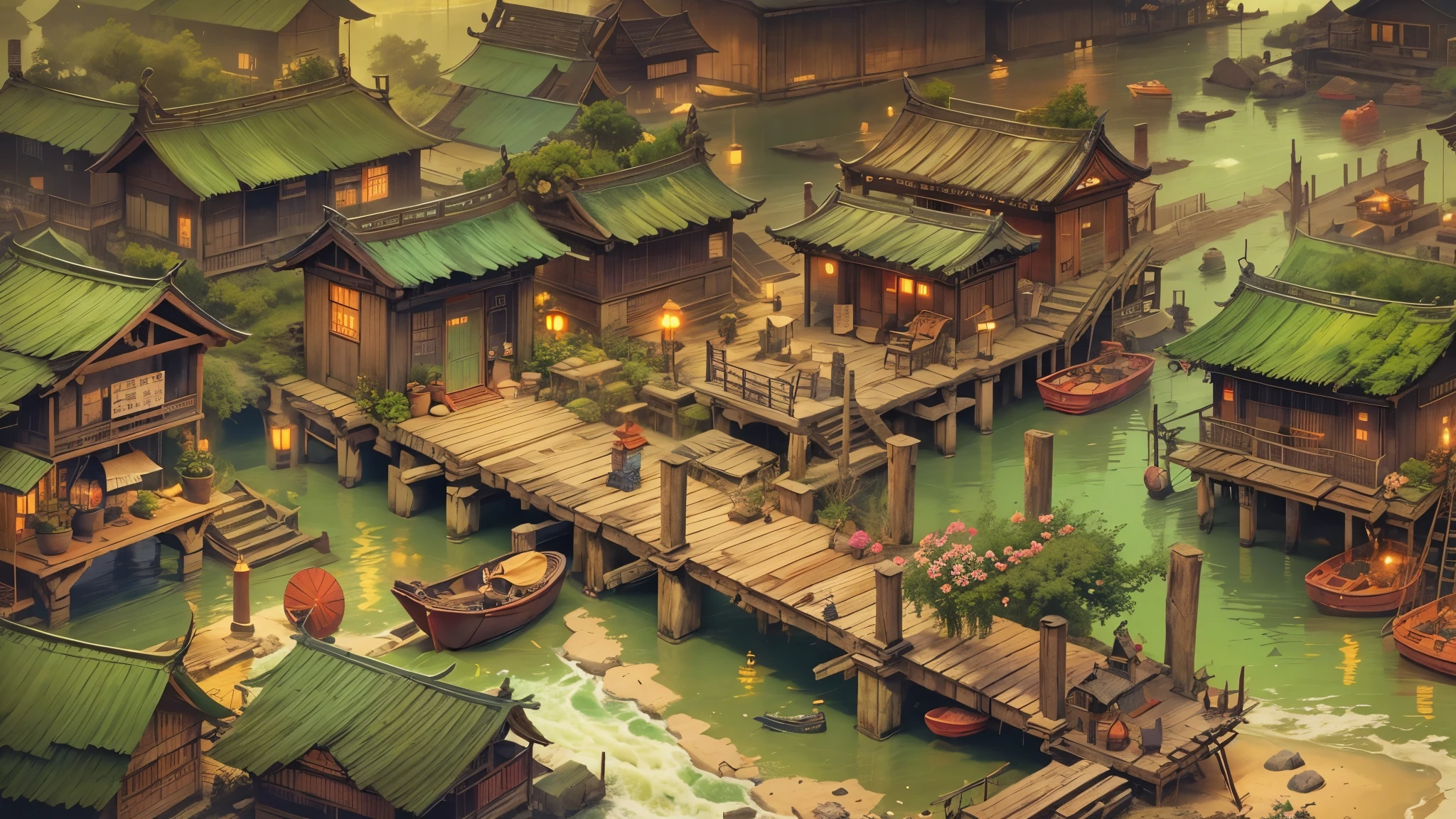 Chinese Village,village pier,Buildings with boats and docks,wooden bridge,Messy scattered small houses,