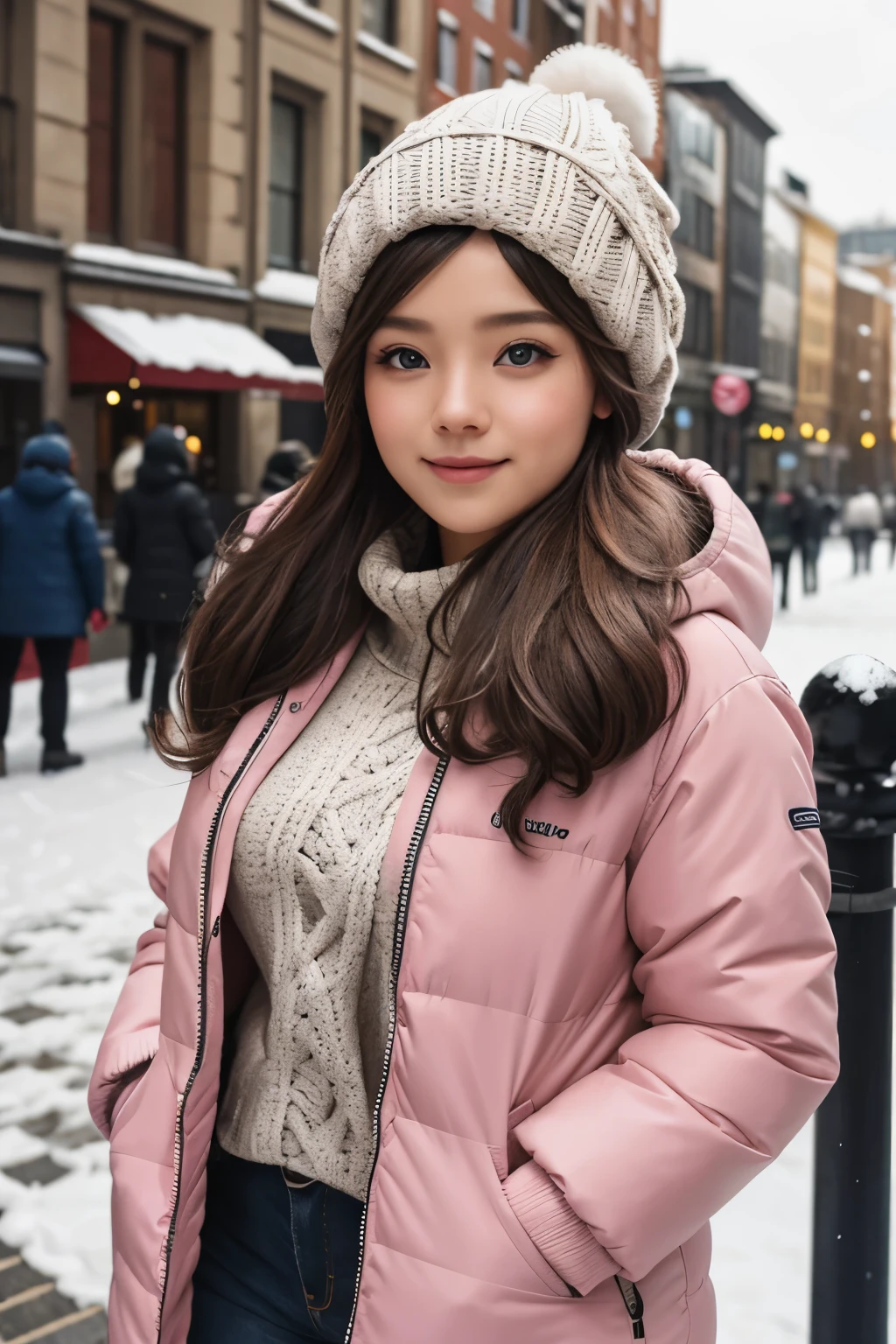 🥶👩‍🦳🌨️✳️❄️, cute girl, winter jacket, hat, city background, blue eyes, pink lips, portait, detailed face, detailed eyes, detailed hair, 8k photography, chubby girl