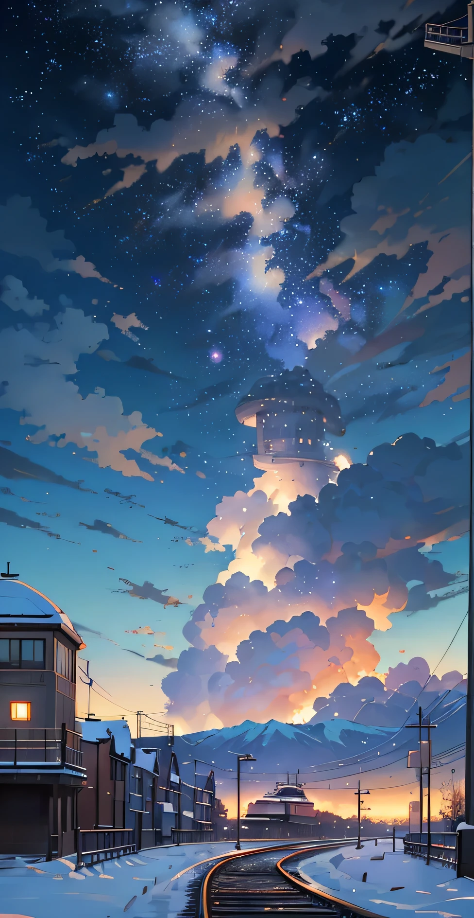 There is a train running along the tracks in the snow, Makoto Shinkai's concept art, tumblr, magic realism, beautiful anime scenes, cosmic sky. by makoto shinkai, ( ( makoto shinkai ) ), anime background art, anime backgrounds, Makoto Shinkai's style, anime movie backgrounds, galaxy express, no humans.