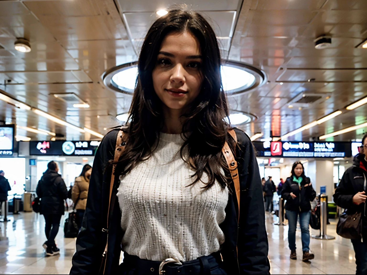 ((best quality)), ((masterpiece)), (detailed), perfect face , long black hair , waist shot , half body , winter , happy , airport