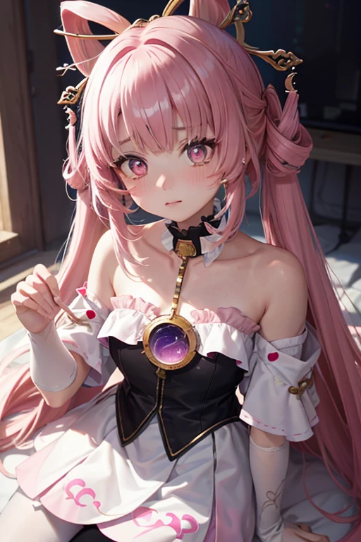 striated hair,Pink twin-tailed hair,   Mole under the eyes, mole under mouth, Heart-shaped pupil, longeyelashes, Pink eyes, Heart-shaped choker、full body Esbian、gazing at viewer、Shy, blush, nose blush,Anime style, Color Field Painting, Ray tracing, bloom, One-person viewpoint, nffsw, awardwinning, 16 K, Best Quality, high details, High quality, masutepiece, hight resolution, ccurate, Super Detail、chee