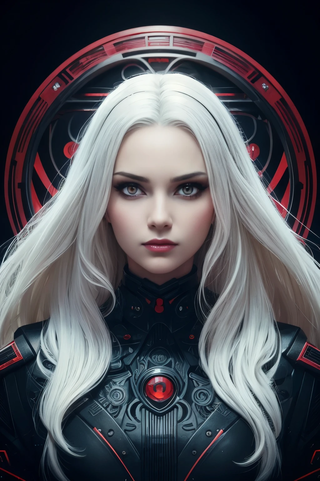 Portrait of a beautiful girl with wavy white hair, wearing a formal black dress with metal parts, red eyes, monograms in the background, digital painting, dark colors, 8k, complex details, vintage, retro futuristic style, sharp focus on the center, pastel colors, art station, (sci-fi, future, future theme), (facial expression looking with disdain), (detailed illustration)