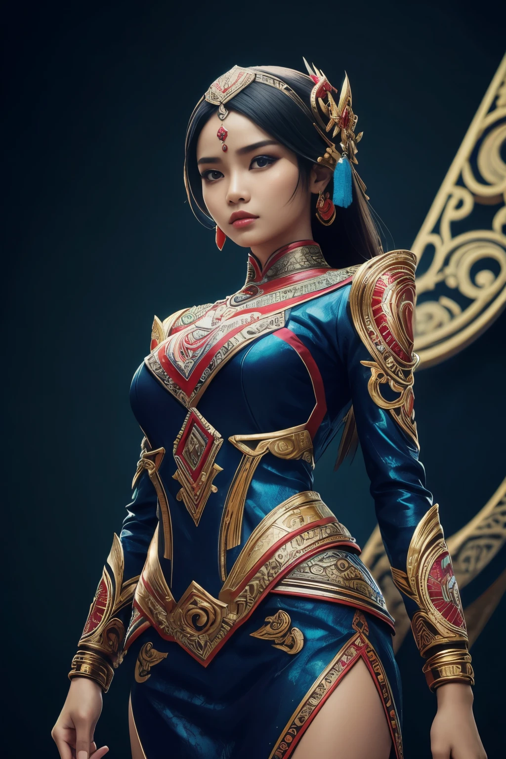 An Indonesian-styled futuristic suit worn by a girl depicting cultural fusion and modern fashion. The suit is adorned with intricate patterns and vibrant colors, showcasing the rich heritage of Indonesia. The girl stands confidently in a dynamic pose, with her detailed eyes reflecting determination and curiosity. The suit's material is a combination of traditional textiles and futuristic synthetic fabrics, giving it a unique and avant-garde appearance. The overall image quality is of the highest standard, with sharp focus and ultra-detailed rendering. The artwork employs physically-based rendering techniques, resulting in realistic lighting and shadows. The colors are vivid and vibrant, capturing the essence of Indonesian cultural aesthetics. The background features a fusion of modern architecture and traditional elements, creating a harmonious blend of the past and the future. The prompt explores the intersection of Indonesian culture, futuristic design, and the artistic representation of a confident girl.