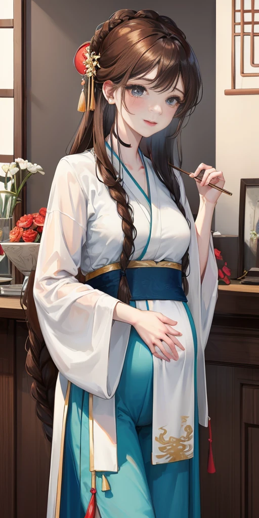 masterpiece, best quality, Married woman,pregnancy, aldult, Chinese style, China, elder sister, Smile, brown hair, princess cut, Single fried dough stick braid,Flesh-colored tights,Full of motherhood,Hanfu,Pure desire,blushing,dignified yet lively,Mother,The hand caressed the belly,Full of motherhood,sexy,charming,A thousand flavors,With provocative eyes