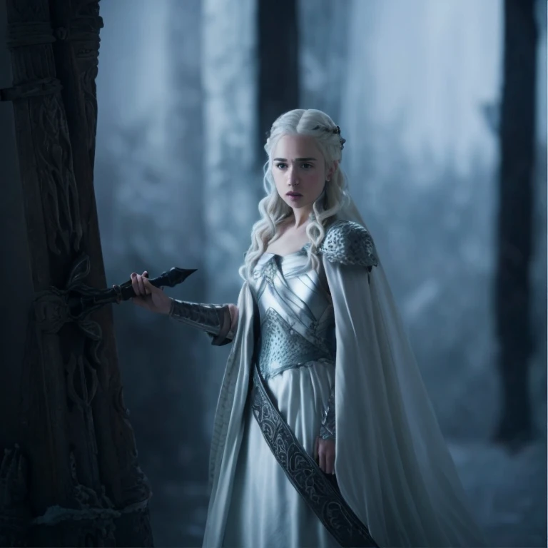 Blonde girl in white dress holding sword in dark room, Movie goddess shooting, Emilia Clarke plays the Greek goddess, Emma Watson plays blonde Aphrodite, Movie goddess full body photo, daenerys, still from a fantasy, Emma Watson plays the Snow Queen, also known as artemis selene, Kristen Bell as Greek goddess, daenerys targaryen