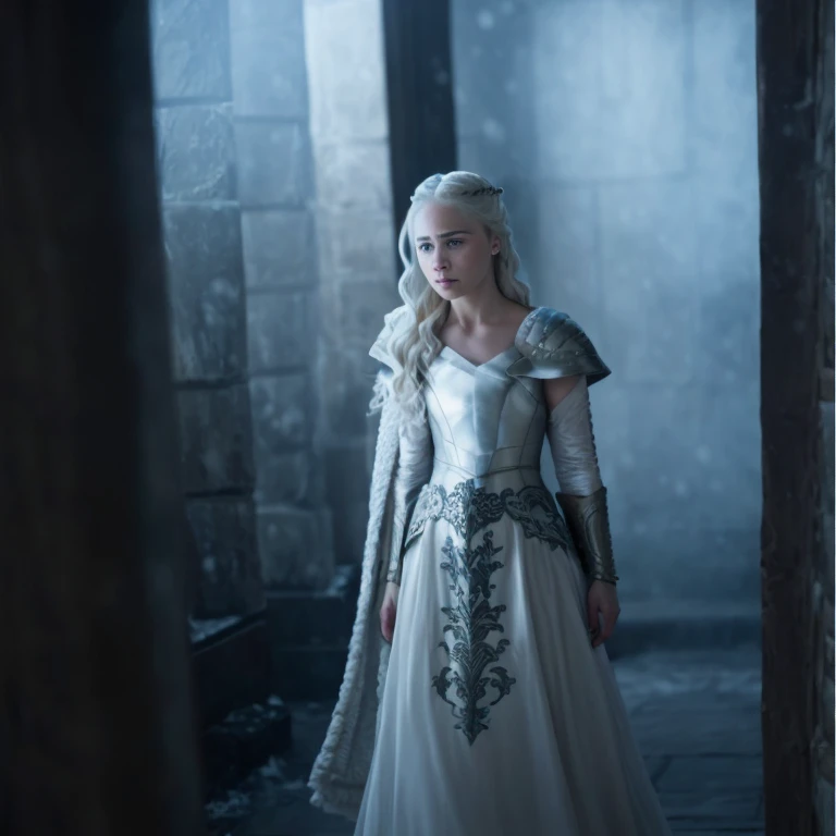Blonde girl in white dress holding sword in dark room, Movie goddess shooting, Emilia Clarke plays the Greek goddess, Emma Watson plays blonde Aphrodite, Movie goddess full body photo, daenerys, still from a fantasy, Emma Watson plays the Snow Queen, also known as artemis selene, Kristen Bell as Greek goddess, daenerys targaryen